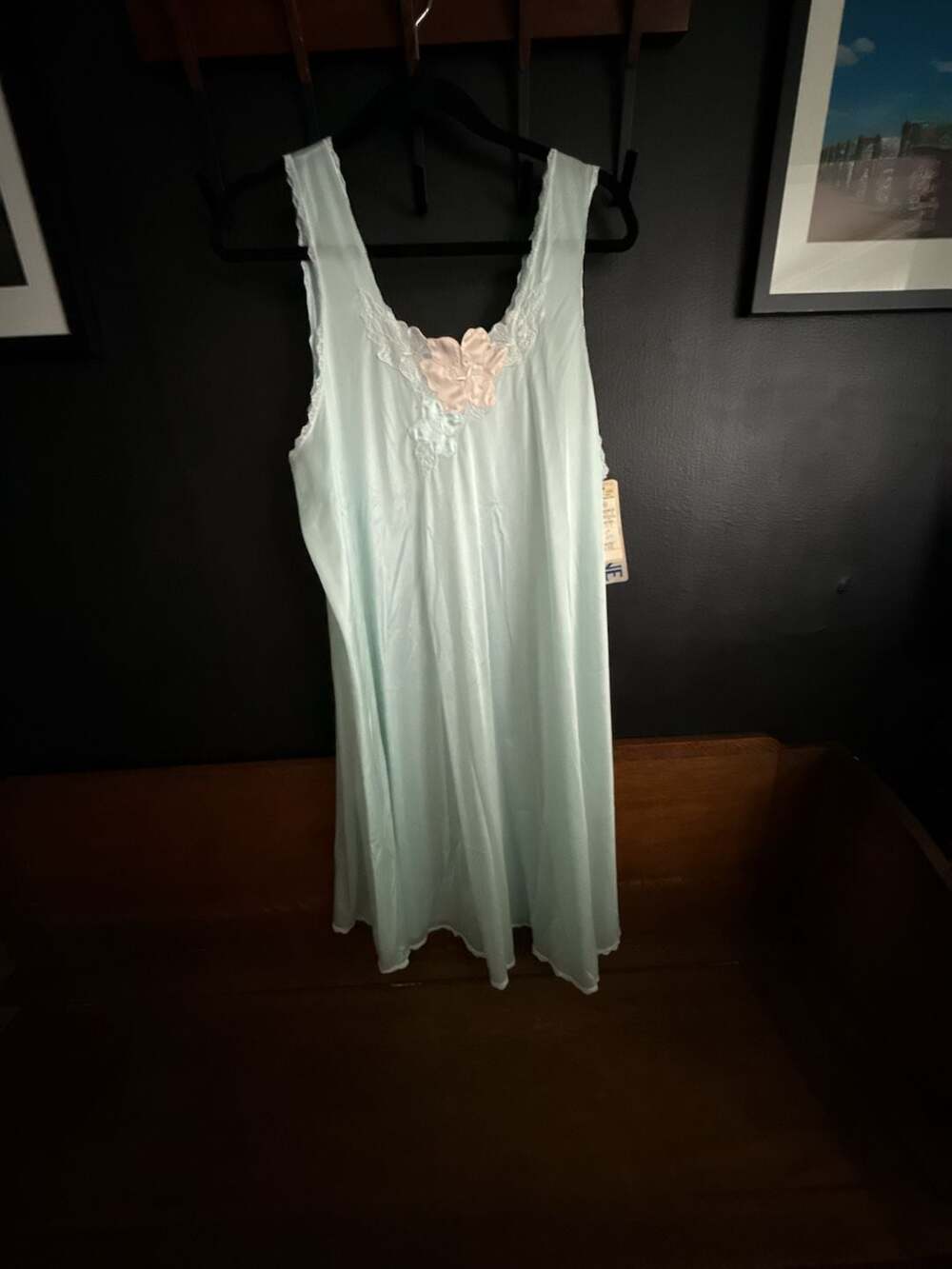 Vintage Lorraine Lingerie Baby Blue Nylon Nightgown with Floral Lace Detail